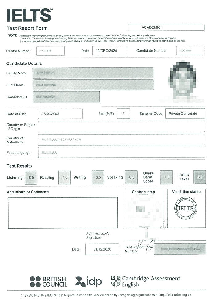 IELTS Test Report Form example