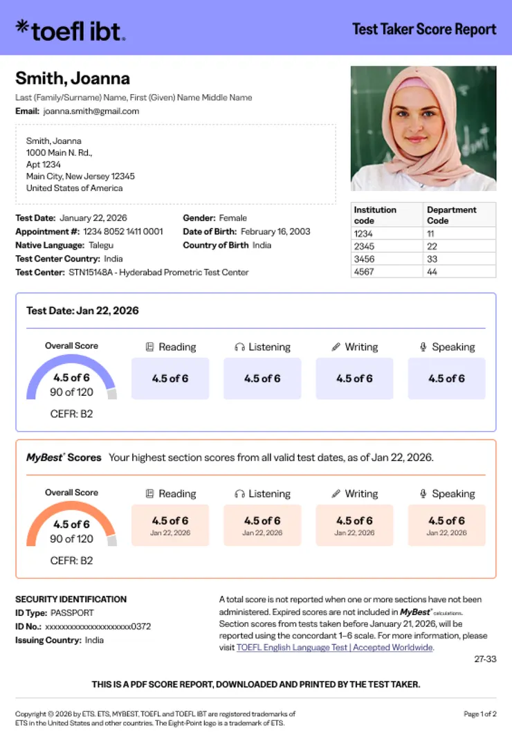 TOEFL Test Taker Score Report example